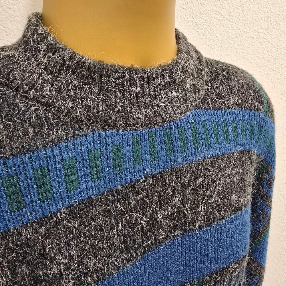 Vintage 80s Wool Blend Crew Sweater Mens Sz XL Grandpa Dad Chunky Gray Blue Cozy